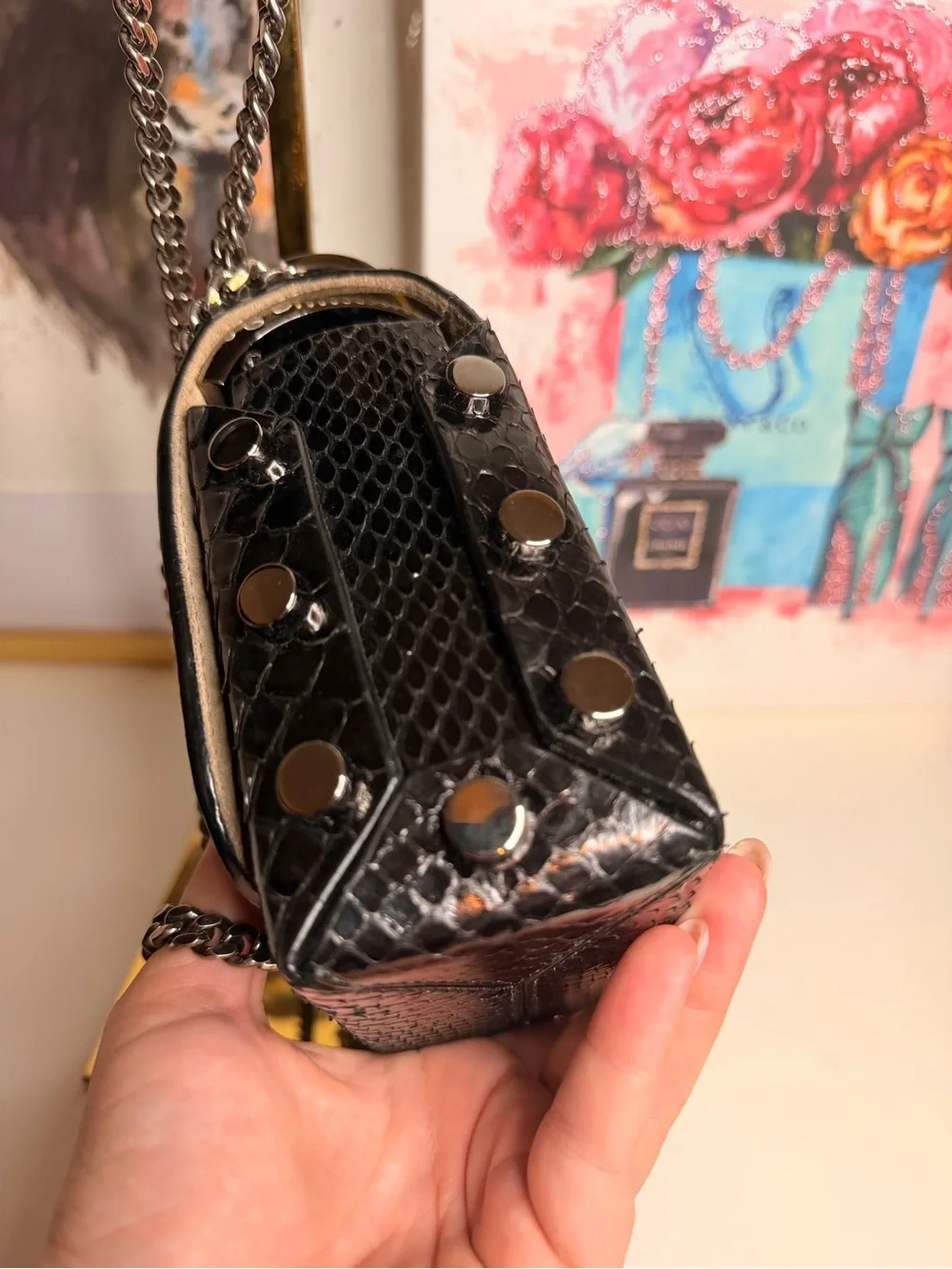 Authentic Jimmy Choo Studded Chain Lockett Bag with Black Snakeskin leather